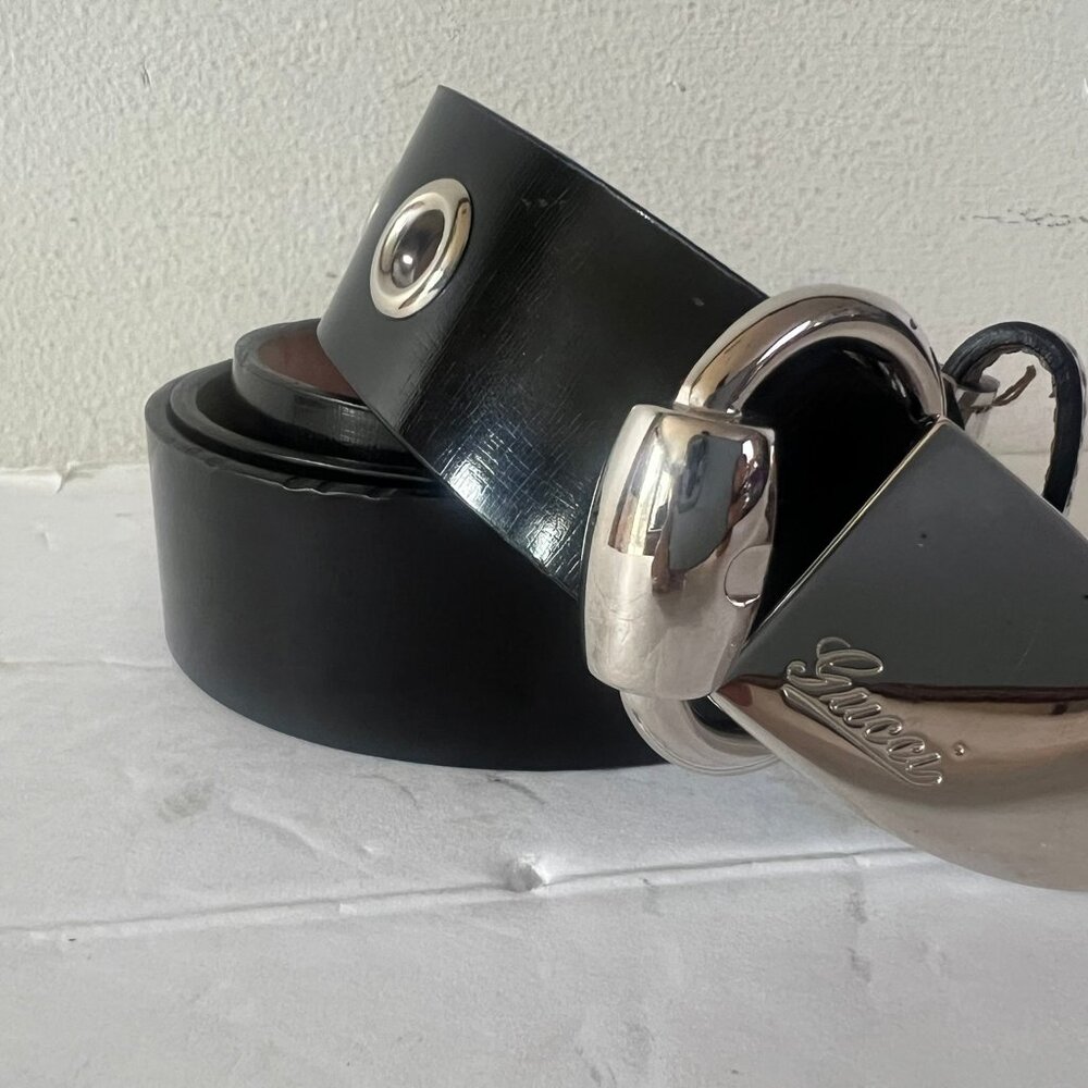 VINTAGE UNISEX GUCCI BLACK SILVER PATENT LEATHER BUCKLE BELT 100 CM / 40 - Picture 2 of 7